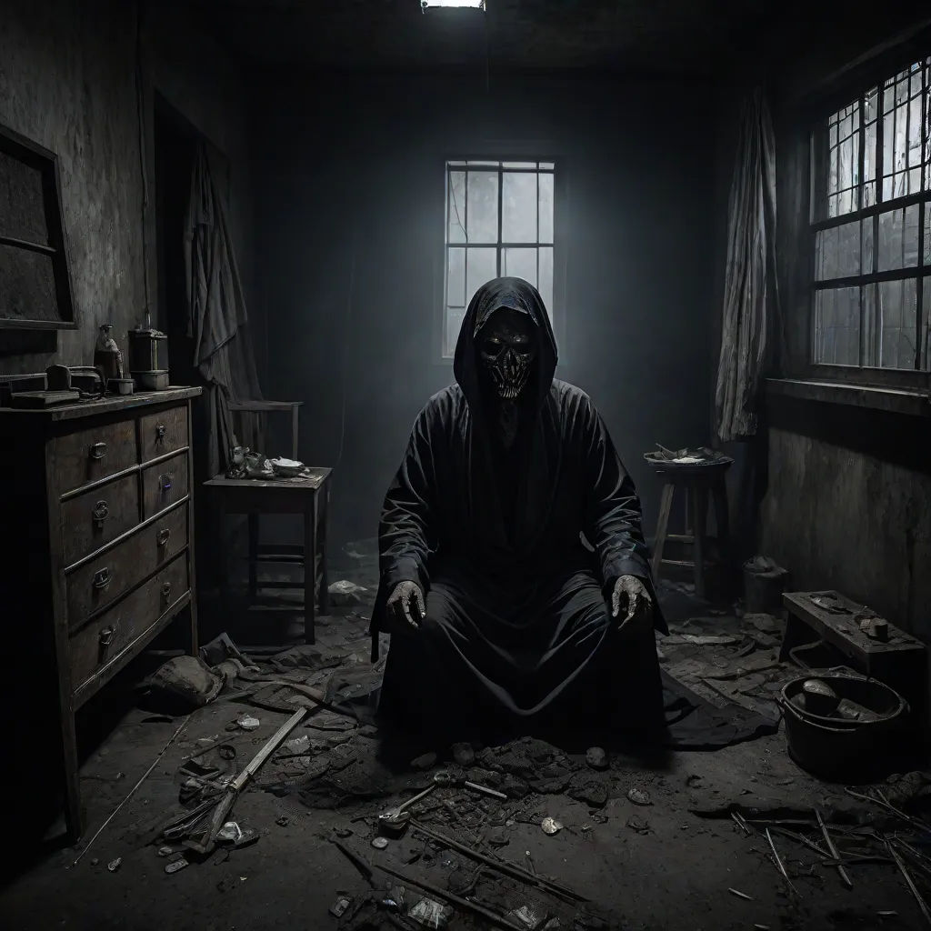 a person in a dark room with a hood on and a creepy face on their face sitting in a chair, dark art, art photography, a matte painting, Dirk Crabeth