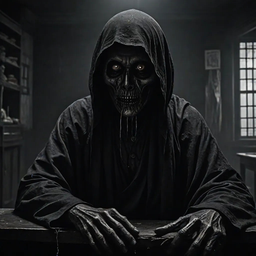 a creepy looking man in a dark room with a light on his head and hands on his chest,, dark art, vanitas, a character portrait, Dirk Crabeth