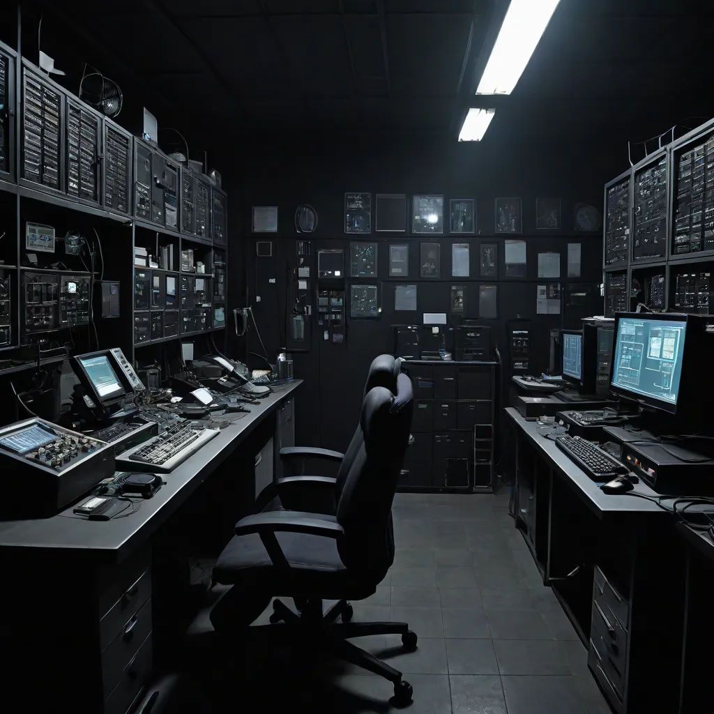 a room with a lot of computers and a chair in it and a lot of other items on the desk, unreal engine render, les automatistes, a computer rendering, Artur Tarnowski