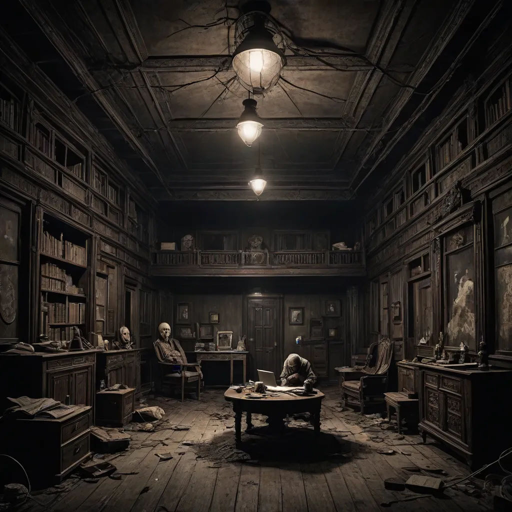 a dark room with a lot of books and people sitting at a table in it and a lamp hanging from the ceiling, vfx, neoplasticism, a detailed matte painting, Bastien L. Deharme