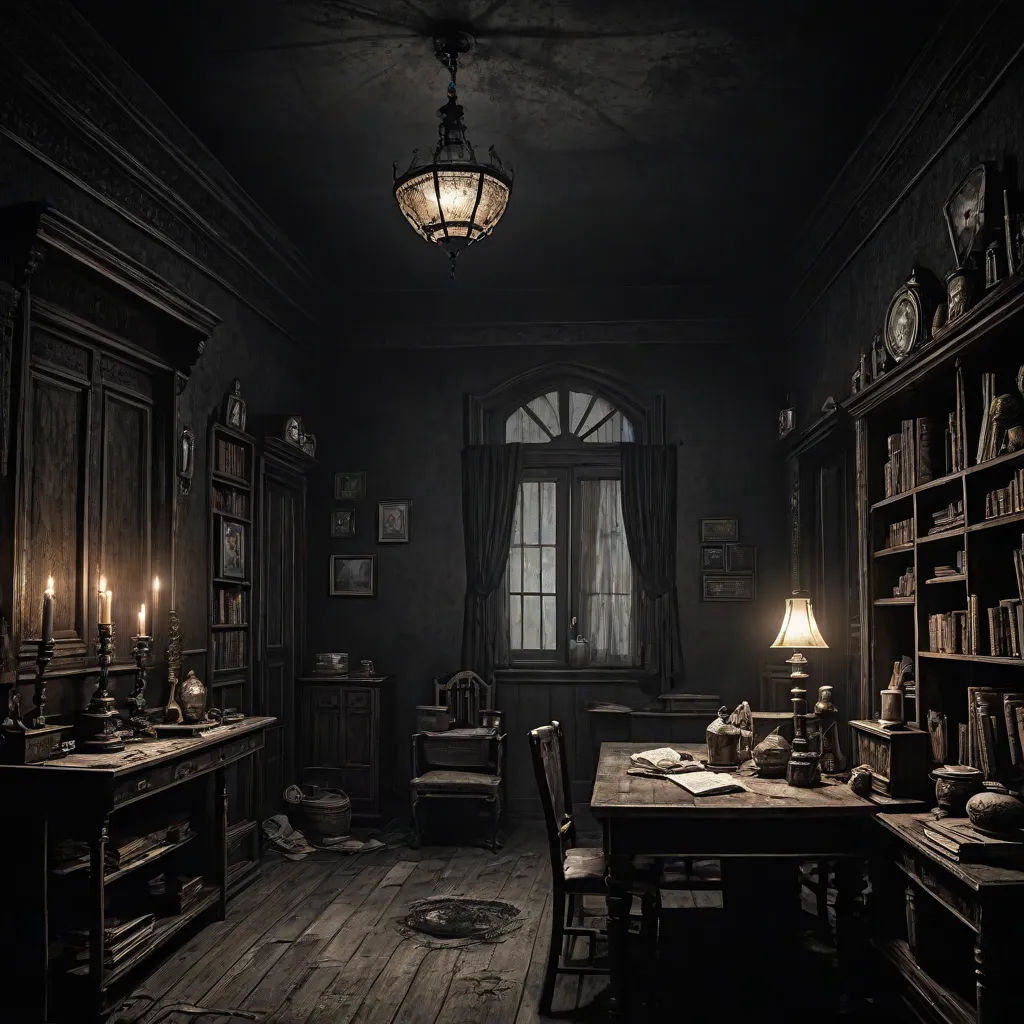 a dark room with a table and a chair and a lamp on the table and a bookcase with books, cryengine, gothic art, a detailed matte painting, Dirk Crabeth