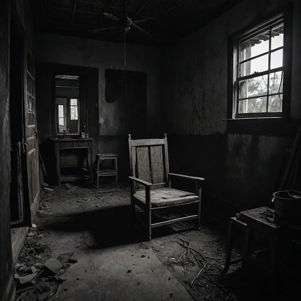 a chair and a table in a room with a window and a door and a chair in the middle of the room, decay, neoplasticism, a matte painting, Dirk Crabeth