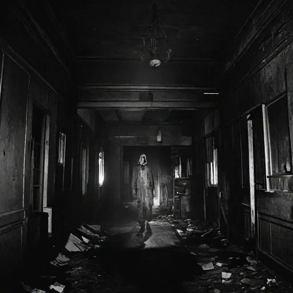 a dark hallway with a person standing in the middle of it and a bunch of books scattered about the floor, promotional image, photorealism, a black and white photo, Clark Voorhees