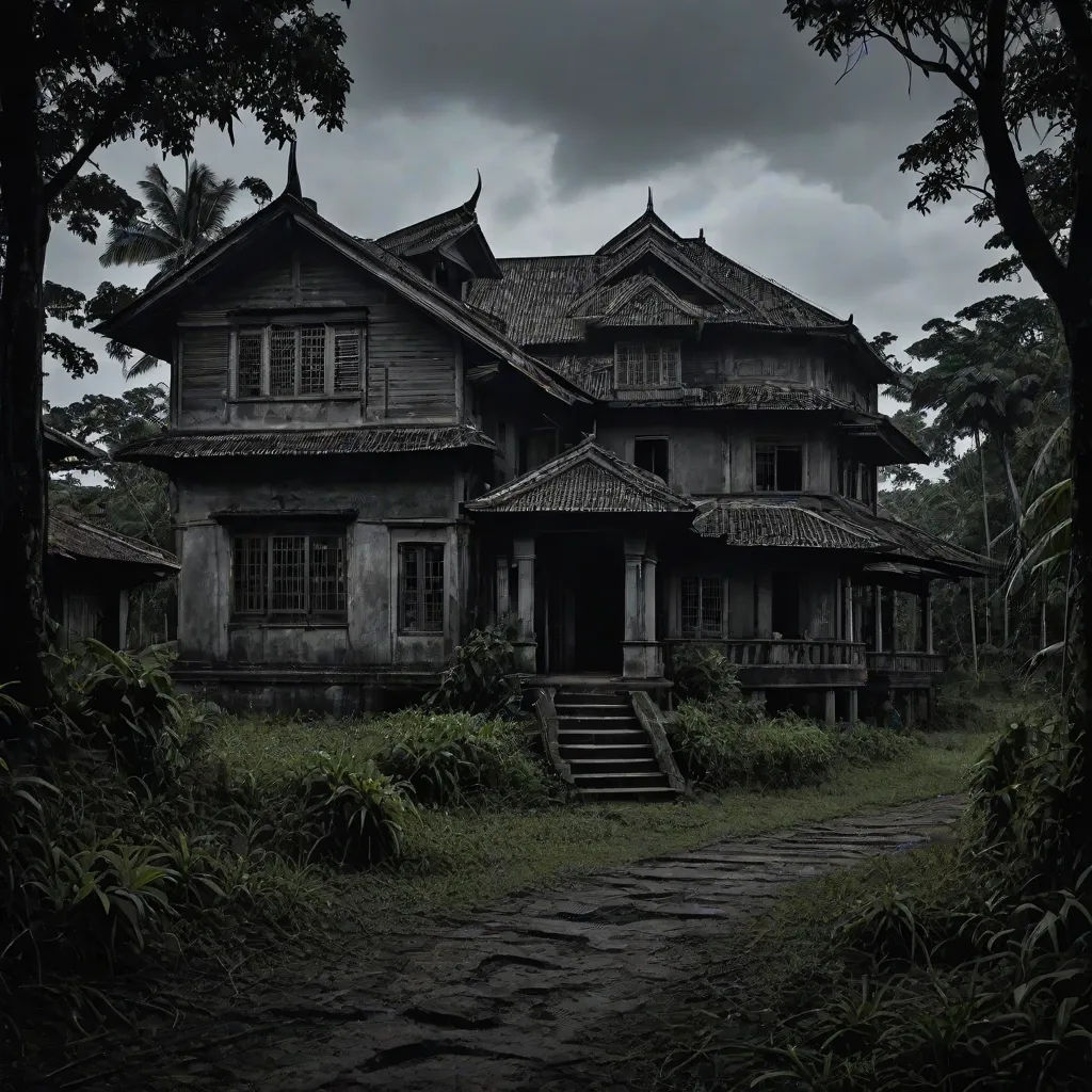 a creepy looking house with a dark sky in the background and a stone path leading to it and a dark sky in the background, dark atmosphere, international gothic, a detailed matte painting, Eishōsai Chōki