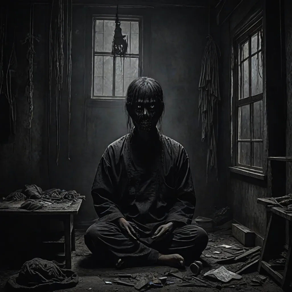 a man sitting in a dark room with a creepy face on his face and a lot of junk around him, sinister, art photography, a character portrait, Chen Chi