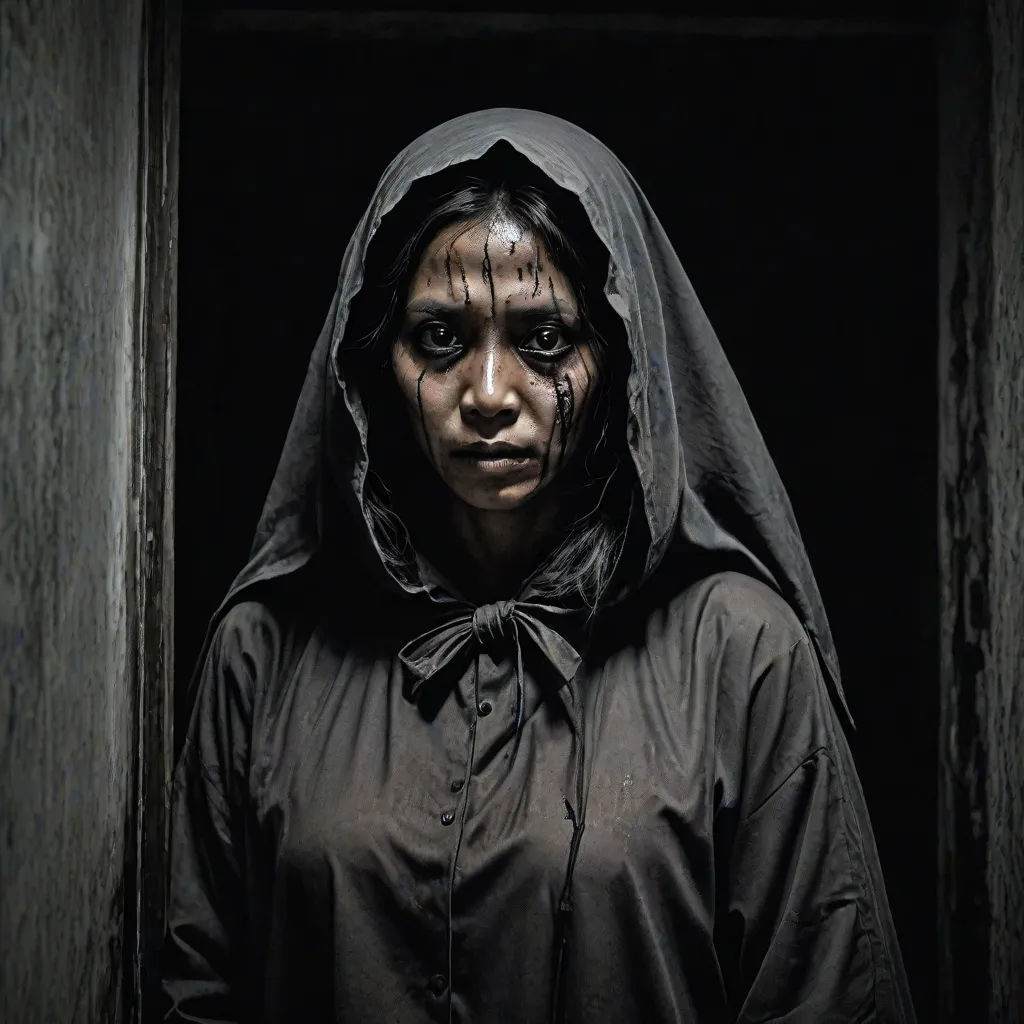 a woman with black makeup and a hood on her head is standing in a doorway with a black curtain, promotional image, sumatraism, a character portrait, Cheng Shifa