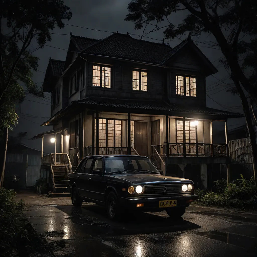 a car parked in front of a house at night with lights on and a dark sky behind it and a dark street, cinematic photography, sots art, an album cover, Chris LaBrooy