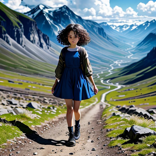 a woman in a blue dress is walking down a dirt road in the mountains with a mountain range in the background