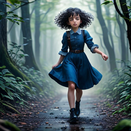 a young girl in a blue dress is walking through a forest with trees and leaves on the ground and a path leading to the woods