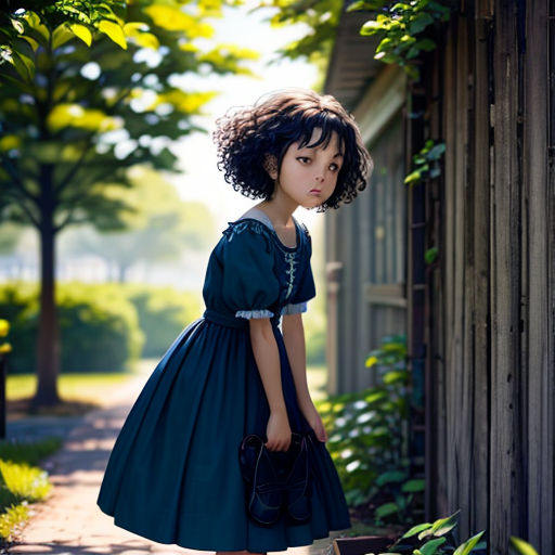 a young girl in a blue dress is standing outside a house with a purse in her hand and a handbag in her other hand