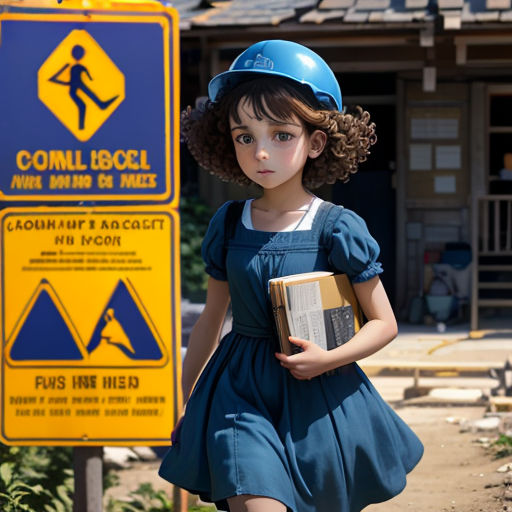 a little girl in a blue dress and a hard hat is walking by a sign that says gonll bocel
