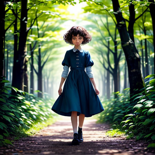 a woman in a blue dress walking down a forest path with trees and bushes on either side of her