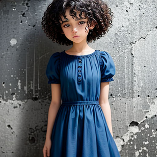 a young girl standing in front of a wall wearing a blue dress and black shoes with a black purse