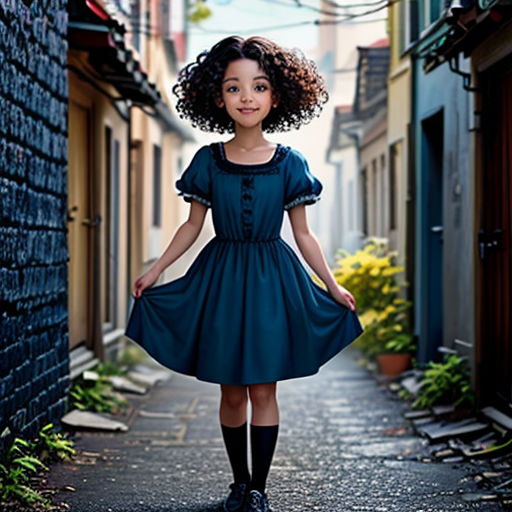 a young girl in a blue dress is standing in an alley way with a brick wall and a green plant