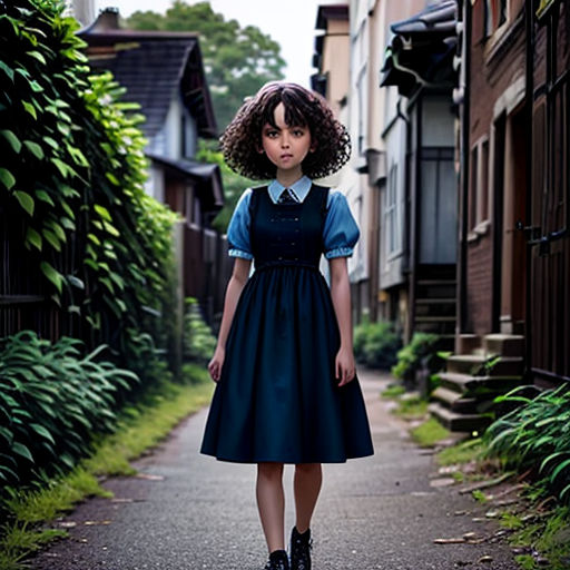 a young girl in a dress is standing on a street with a green bush behind her and a house in the background