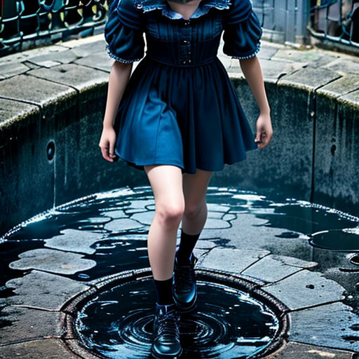 a woman in a blue dress and black boots walking in a puddle of water on a sidewalk near a fence