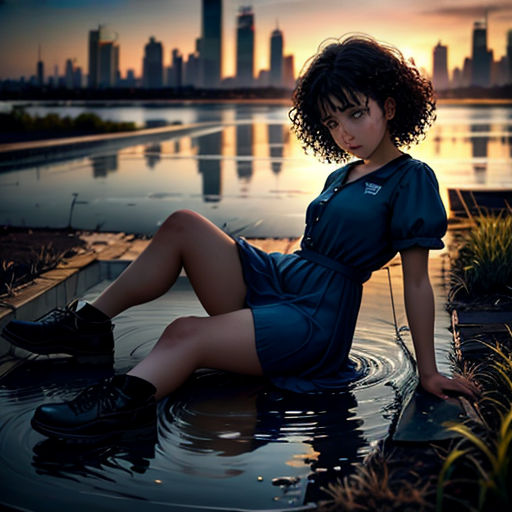 a woman sitting in the water with a city in the background at sunset or dawn, wearing a blue dress