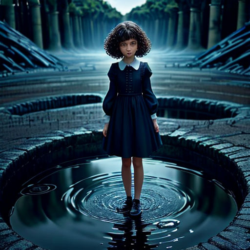 a young girl standing in a puddle of water in a surreal setting with a sky background and a dark sky