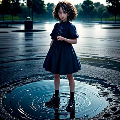 a girl in a blue dress standing in a puddle of water in a park at night time with a street light in the background