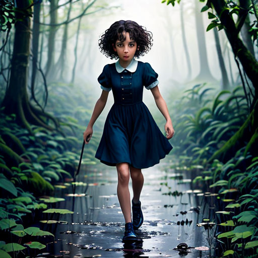 a painting of a girl walking in the rain with an umbrella in her hand and a forest background with water lilies