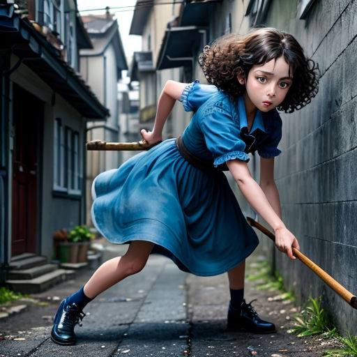 a young girl in a blue dress is holding a baseball bat and leaning against a wall with a house in the background