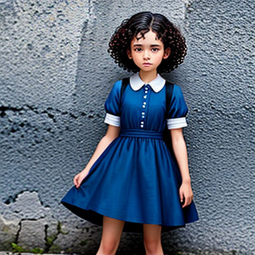 a young girl standing in front of a wall wearing a blue dress and white collared shirt dress with a white collar