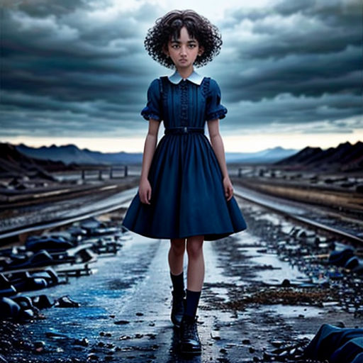 a young girl standing on a train track in a blue dress with a black collar and white collared shirt