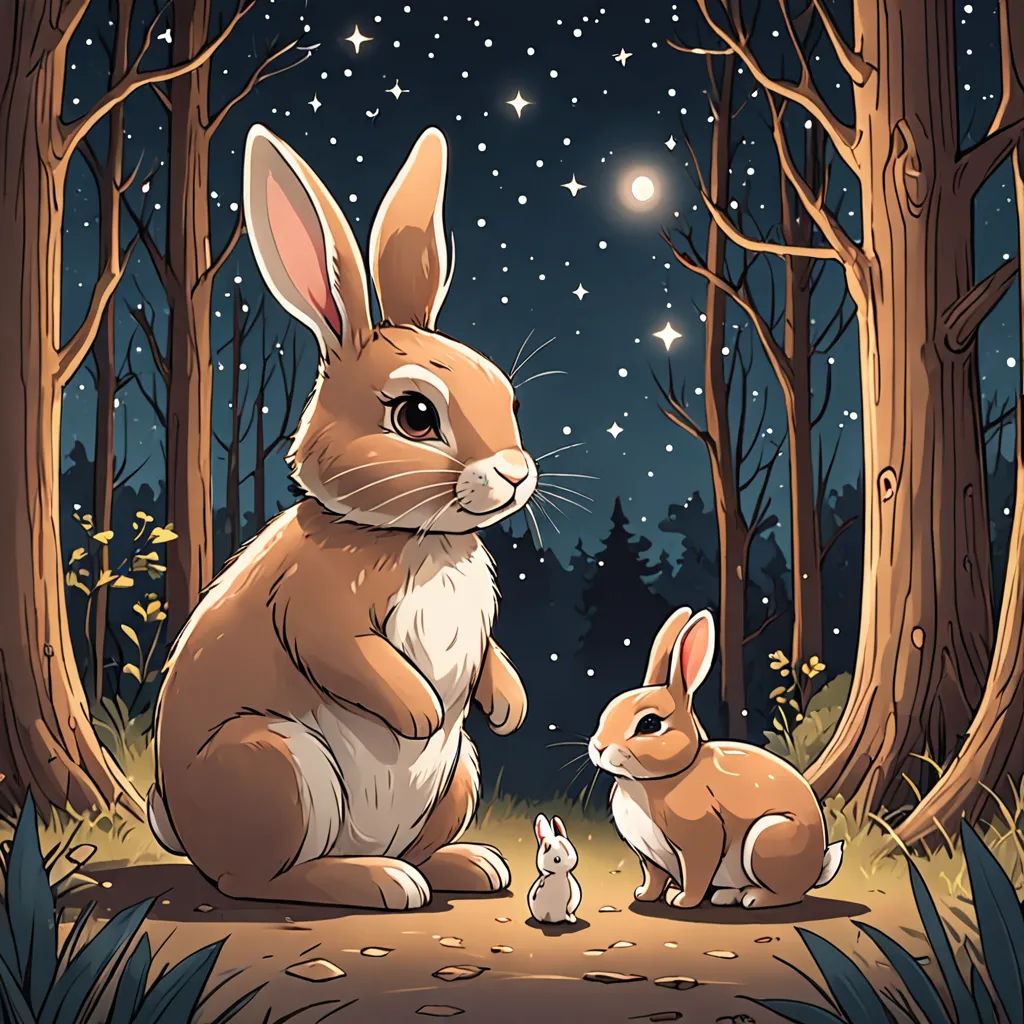 a rabbit and a rabbit sitting in the woods at night with stars in the sky above them and a forest with trees and grass, Dan Mumford, space art, a storybook illustration, storybook illustration