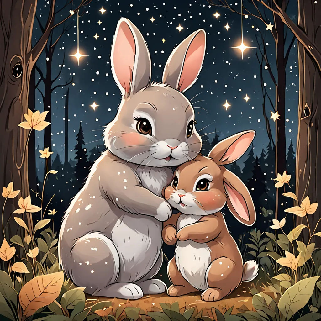 a rabbit and a bunny sitting in the woods at night with stars in the sky above them and a forest with leaves and flowers, Beatrix Potter, space art, a storybook illustration, official art