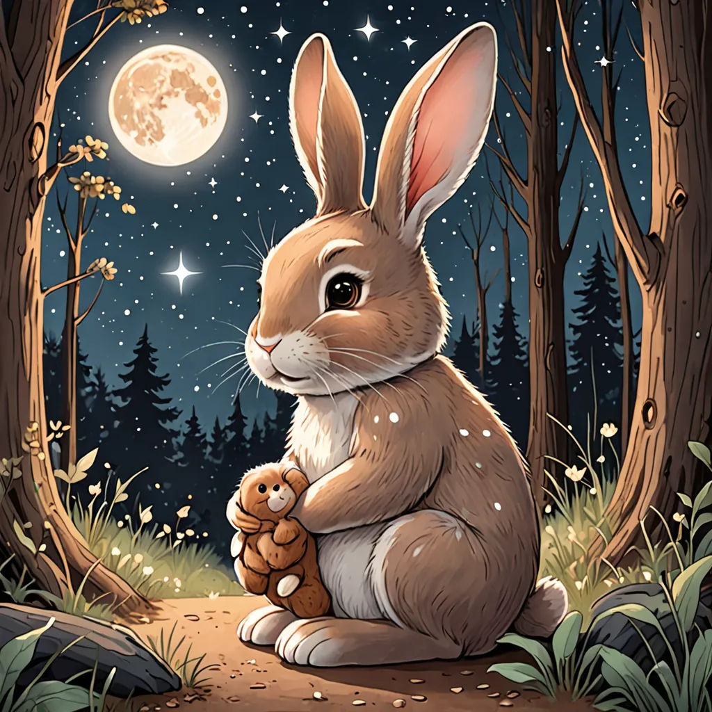a rabbit holding a teddy bear in a forest at night with the moon in the background illustration by alex macinn, Dan Mumford, space art, a storybook illustration, trending on art station