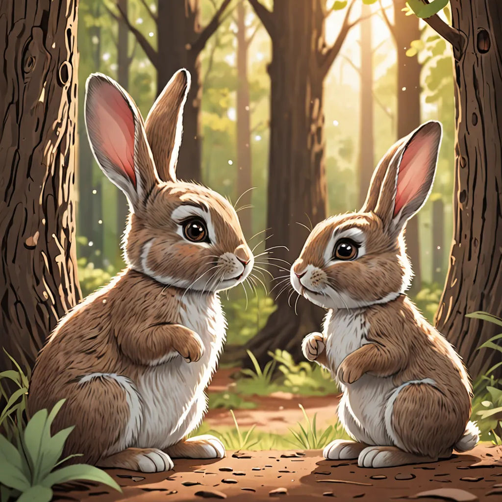 two rabbits sitting in the woods with trees in the background and sunlight shining through the trees behind them,, Dan Mumford, furry art, a storybook illustration, rossdraws global illumination
