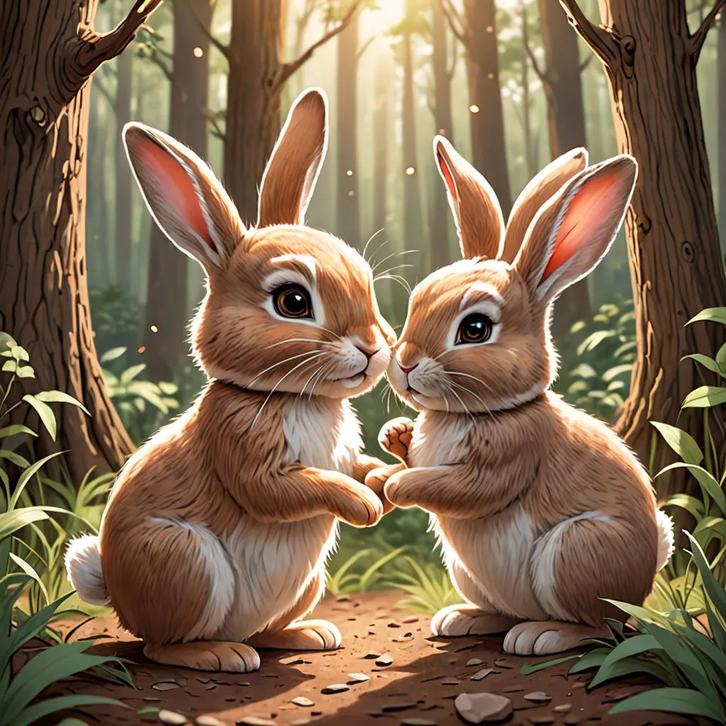 two rabbits sitting in the woods with their backs to each other, facing each other, with sunlight shining through the trees, Dan Mumford, furry art, a detailed painting, rossdraws global illumination
