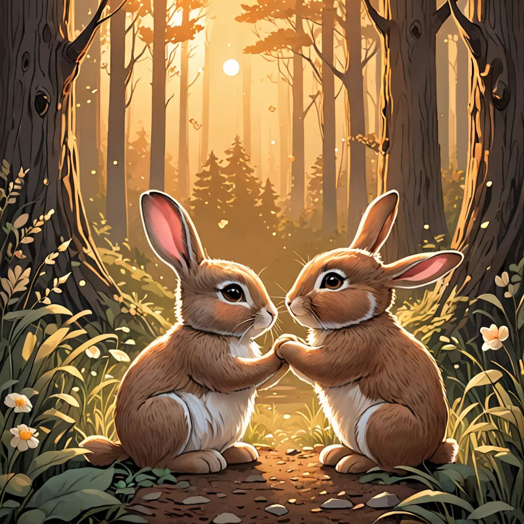 two rabbits sitting in the woods facing each other with the sun shining through the trees behind them and the ground, Dan Mumford, furry art, a storybook illustration, rossdraws global illumination