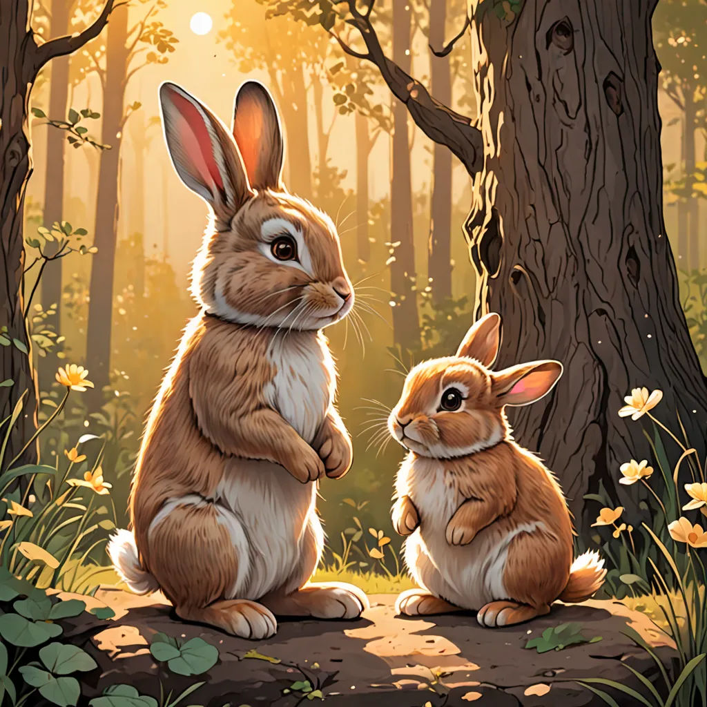 a painting of two rabbits sitting in the woods with the sun shining through the trees behind them and the ground, Dan Mumford, furry art, a storybook illustration, rossdraws global illumination