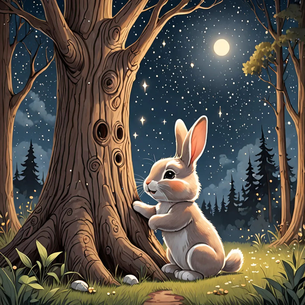 a rabbit sitting in the grass next to a tree at night with the moon in the sky above it, Dan Mumford, fantasy art, a storybook illustration, rossdraws global illumination