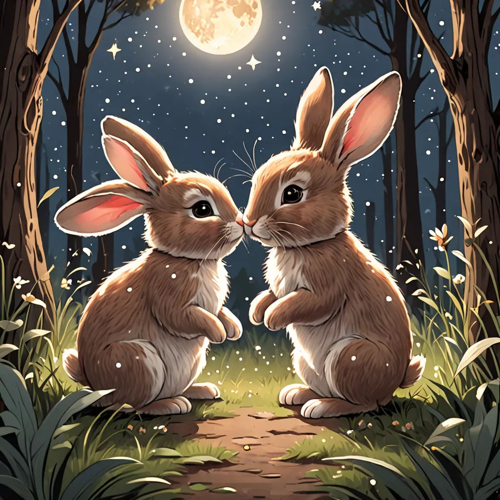 two rabbits sitting in the grass in front of a full moon and trees with stars and a path leading to them, Dan Mumford, furry art, a storybook illustration, rossdraws global illumination