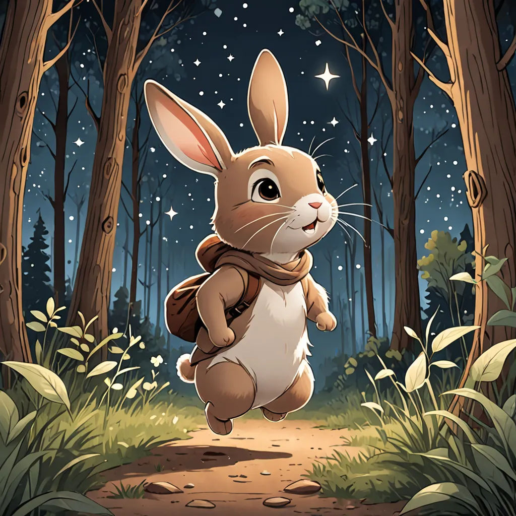 a rabbit running through a forest at night with stars in the sky above it and a backpack on his back, Dan Mumford, furry art, a storybook illustration, rossdraws global illumination