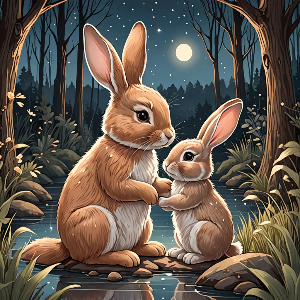 a couple of rabbits sitting next to each other in a forest at night with a full moon in the sky, Dan Mumford, furry art, a storybook illustration, josan gonzales and dan mumford