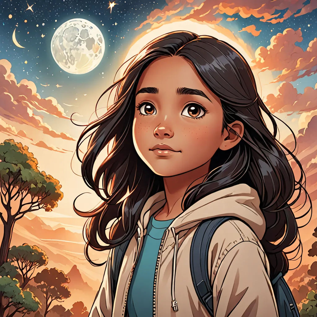 a girl with long hair and a backpack looking at the sky with a full moon in the background and trees and a tree, Cliff Childs, space art, a character portrait, comic cover art