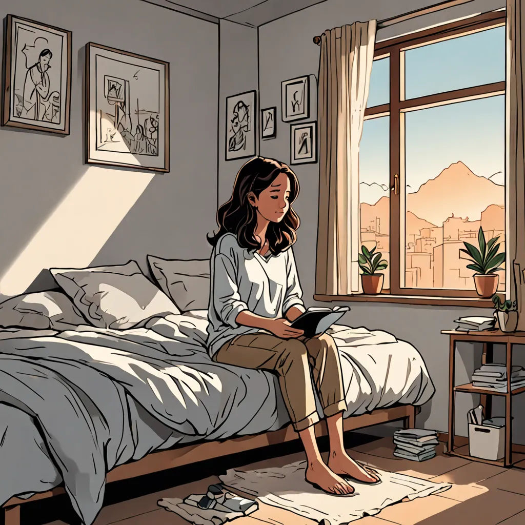 a woman sitting on a bed looking at a tablet computer in a bedroom with a window and a rug, Atey Ghailan, private press, a comic book panel, warm light