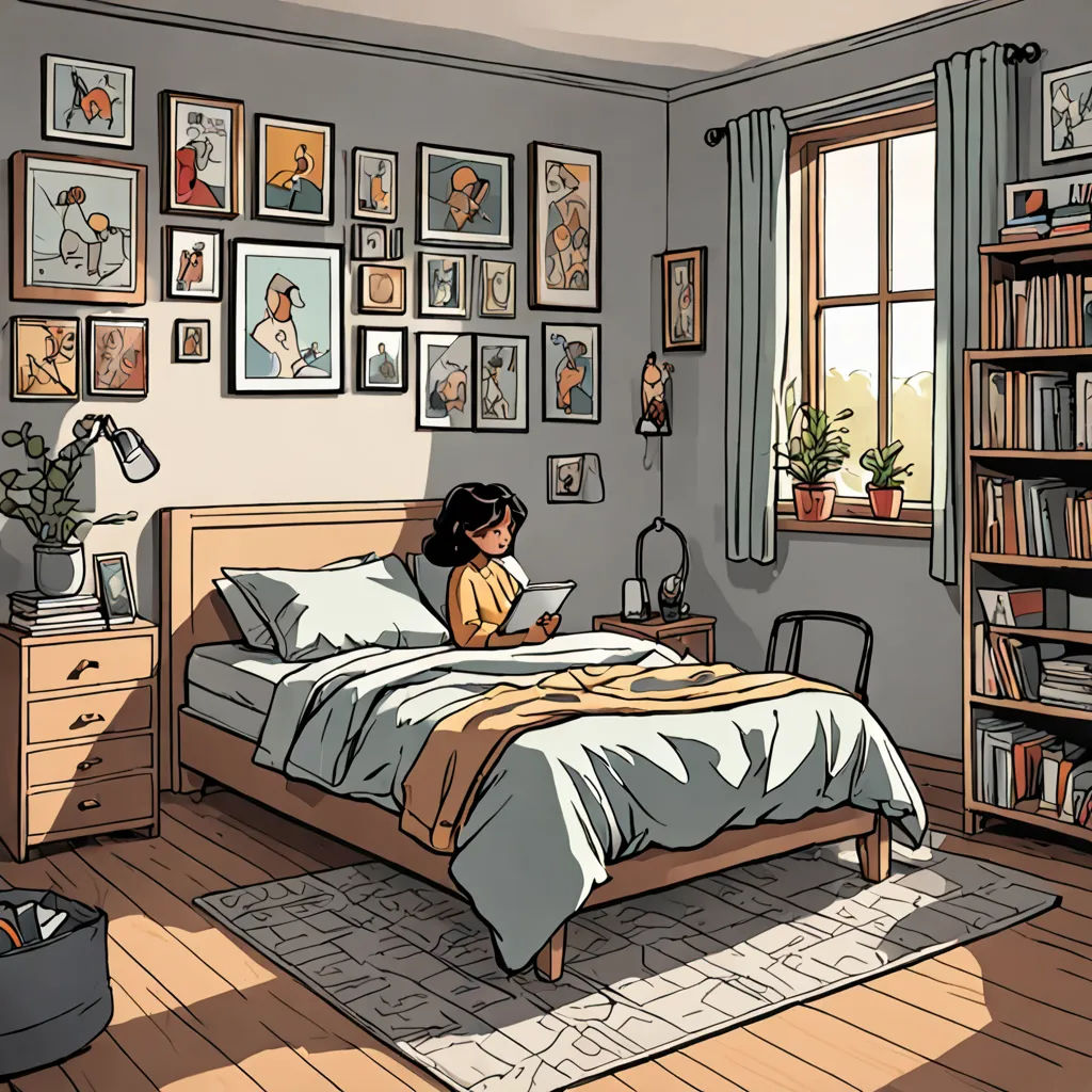 a girl sitting on a bed in a bedroom with a lot of pictures on the wall and a bookcase, Asaf Hanuka, context art, a comic book panel, graphic novel
