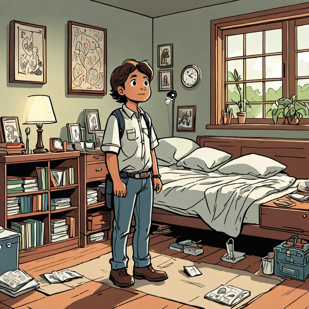 a man standing in a bedroom next to a bed and a desk with a laptop on it and a suitcase, Asaf Hanuka, context art, a storybook illustration, graphic novel