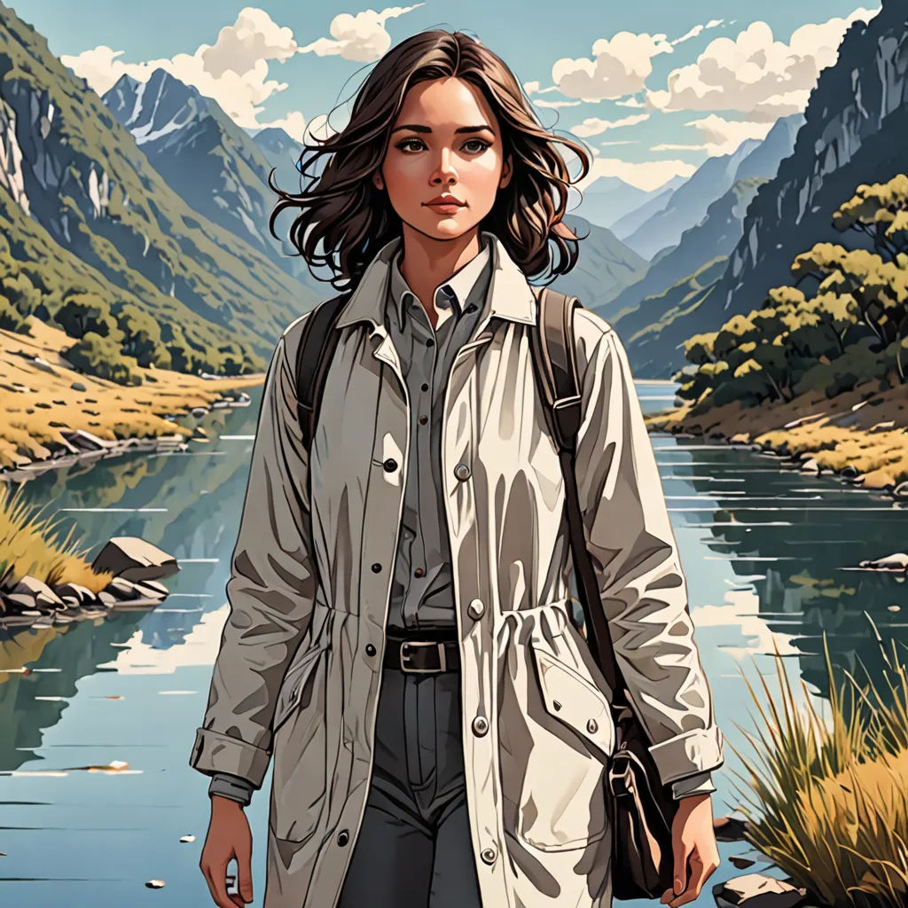 a woman is walking down a path near a river and mountains with a backpack on her back and a backpack on her shoulder, Dan Mumford, serial art, poster art, official art
