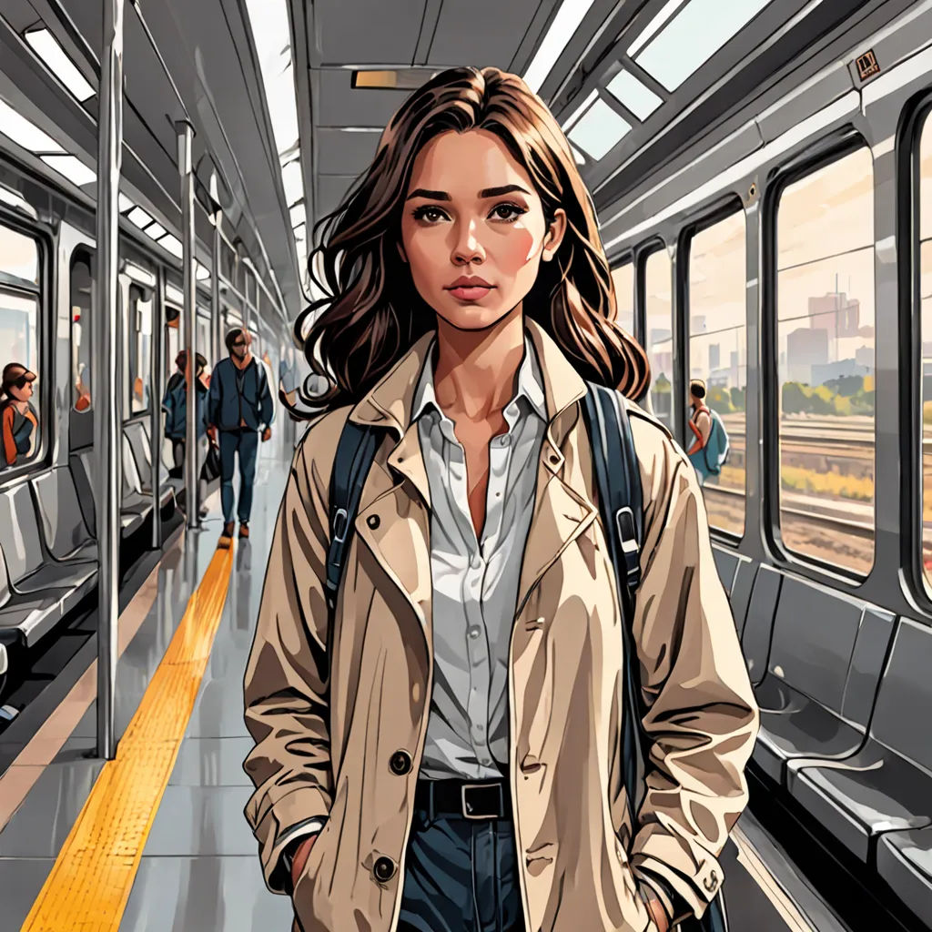 a woman standing on a subway train with her hands in her pockets and a backpack on her shoulder, with people walking on the other side of the train, Dan Mumford, photorealism, a comic book panel, highly detailed digital painting