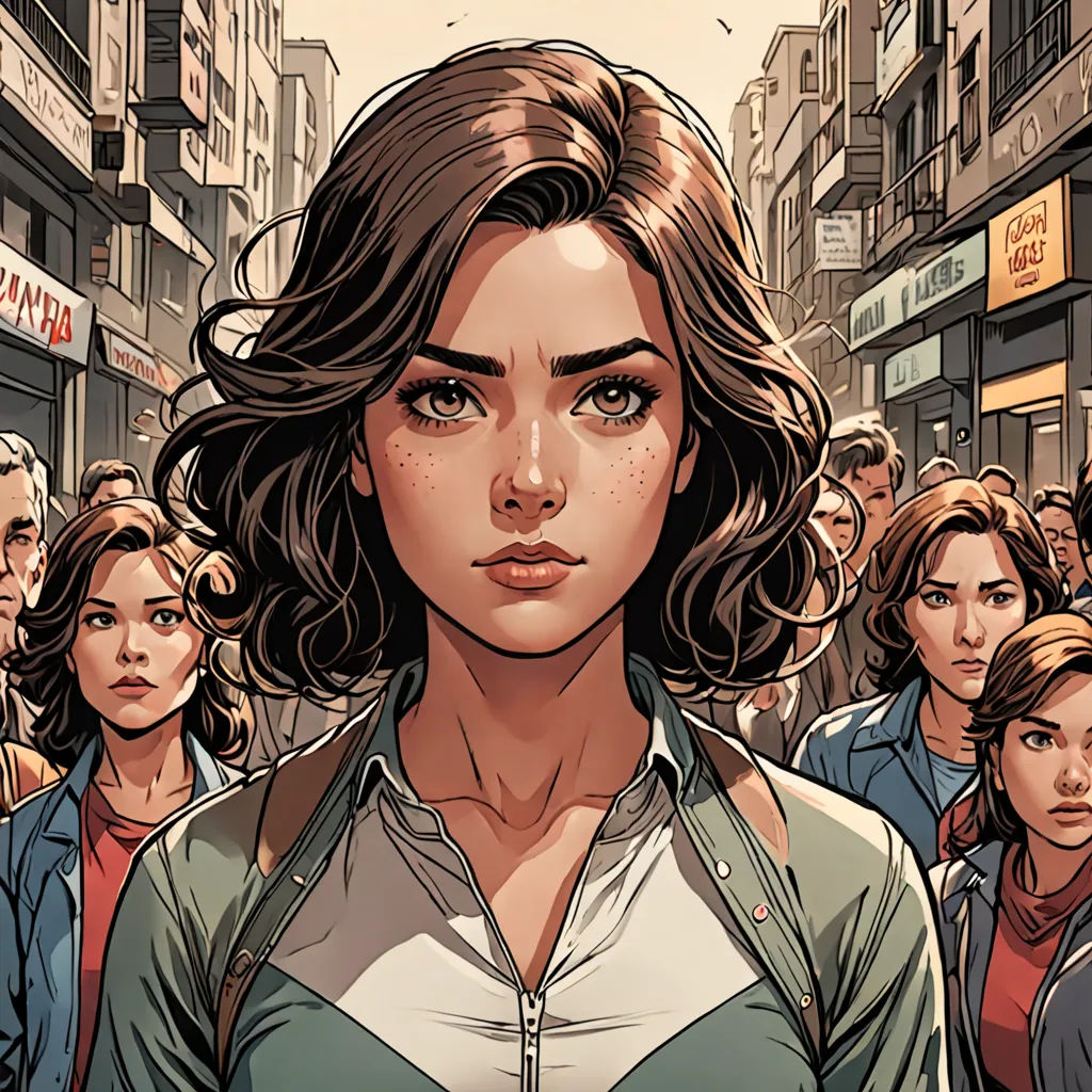 a woman standing in front of a crowd of people in a city with buildings and signs on the side of the street, Artgerm, process art, a comic book panel, stanley artgerm lau