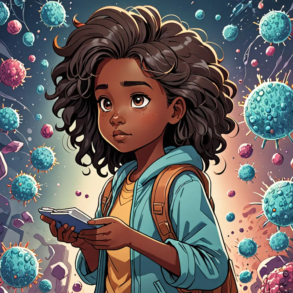 a girl is standing in front of a bunch of blue and yellow balls of stuff in the background, and she is looking at a book, Chris LaBrooy, afrofuturism, a character portrait, comic cover art