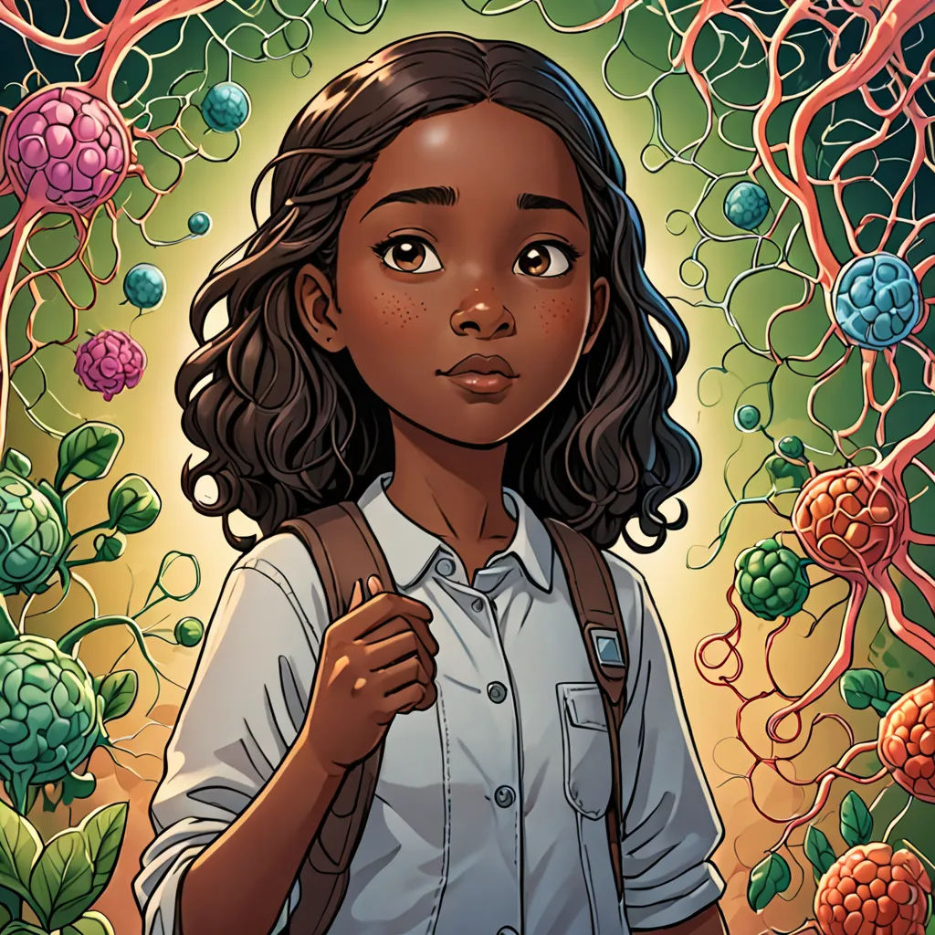 a girl with a backpack standing in front of a tree with many leaves and berries on it, with a light shining through the branches, Aaron Jasinski, afrofuturism, a character portrait, comic cover art