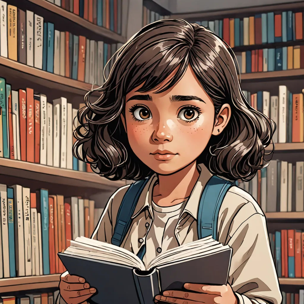 a girl reading a book in a library with bookshelves in the background and a cartoonish image of a girl reading a book, Artgerm, fantasy art, a storybook illustration, manga