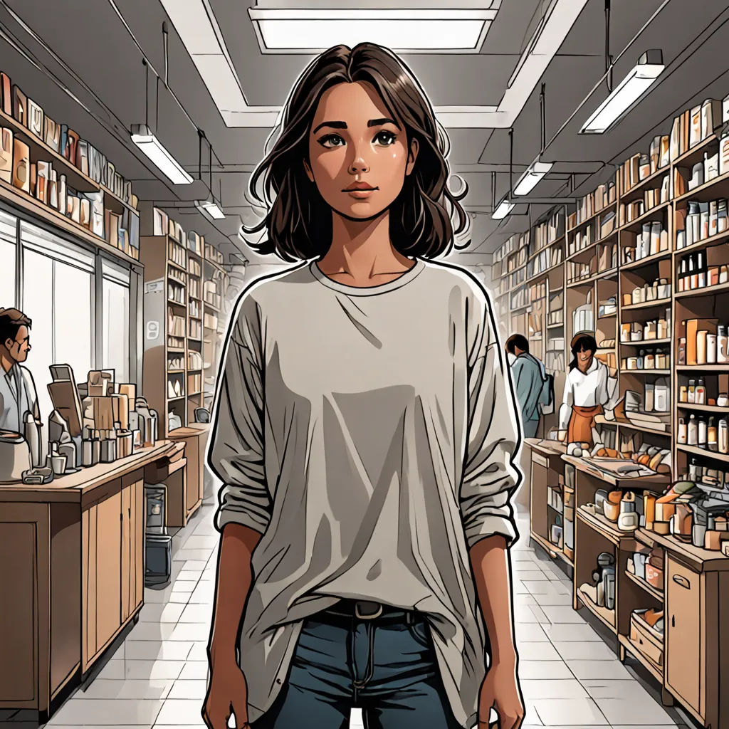 a woman standing in a library with a lot of shelves of books on the wall and people in the background, Asaf Hanuka, hyperrealism, a comic book panel, comic cover art