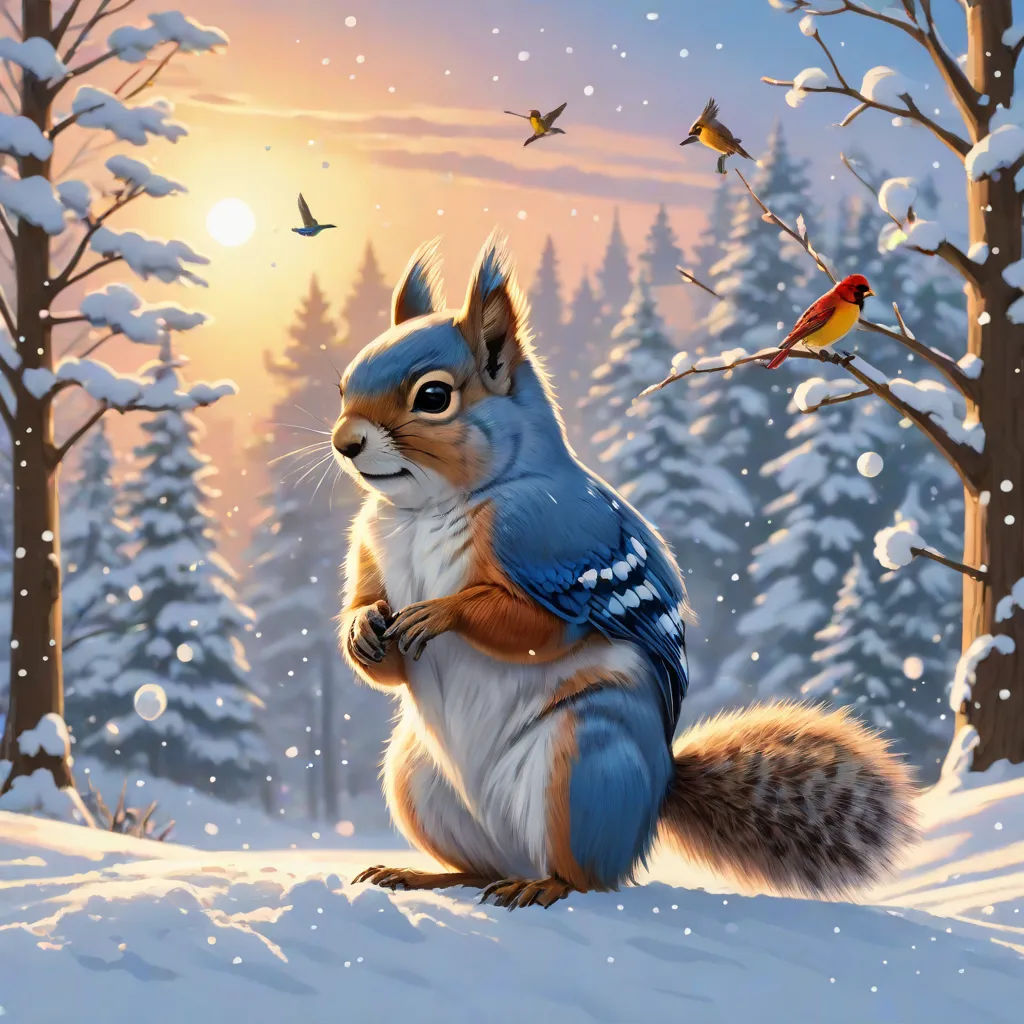 a painting of a squirrel with a bird on its back in the snow with a sunset in the background, official art, furry art, an airbrush painting, Chris LaBrooy